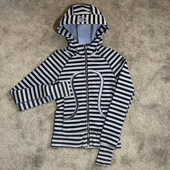 VTG Lululemon Scuba Hoodie Size 2 Light Blue Black Striped Full Zip Thumbholes - Picture 1 of 11